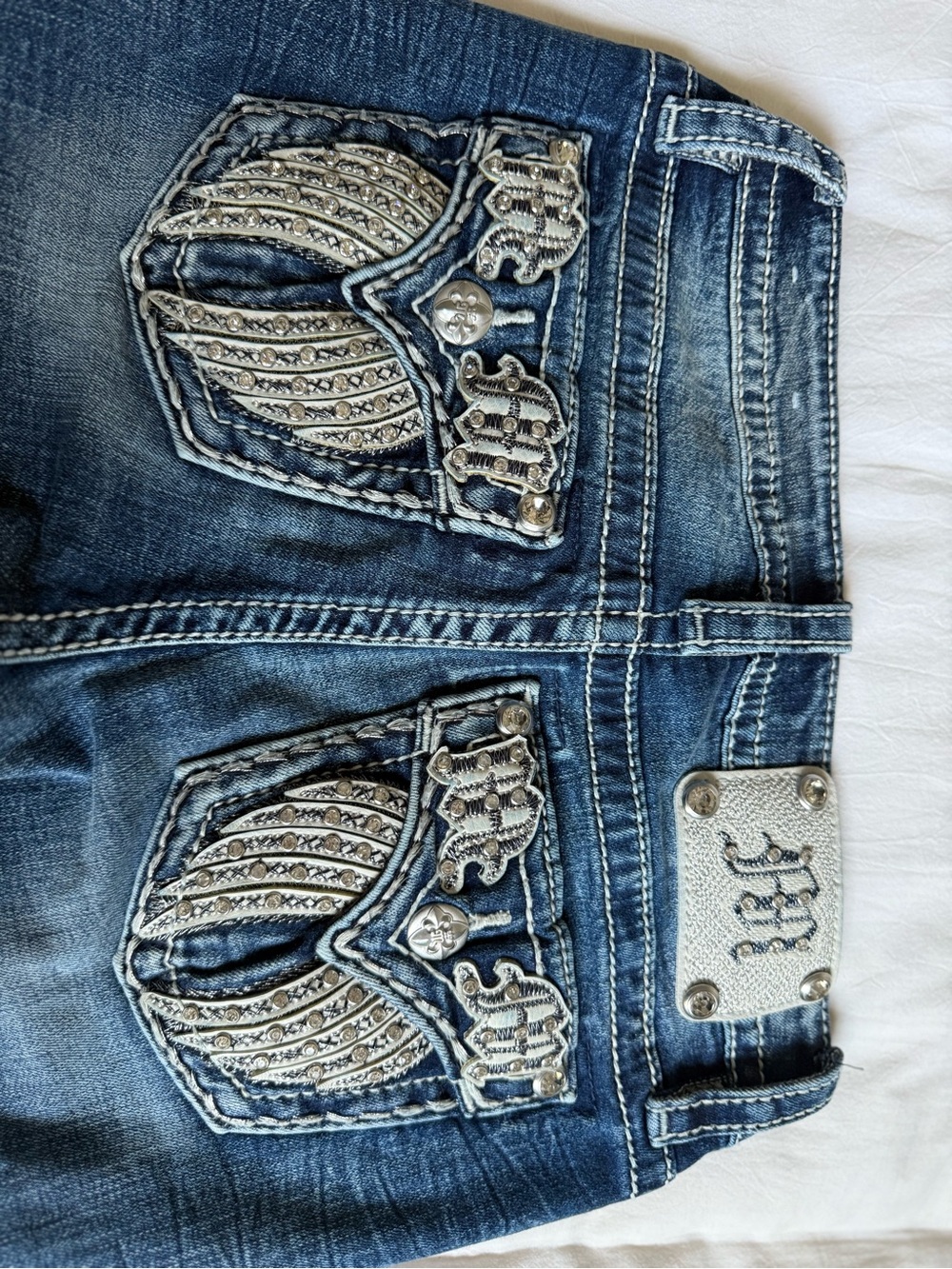 Miss Me Dark Blue Rhinestone Wing Pocket Boot Cut Jeans